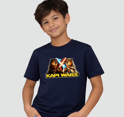 menino usando camiseta infantil capivara kapi wars duelo da forca azul marinho