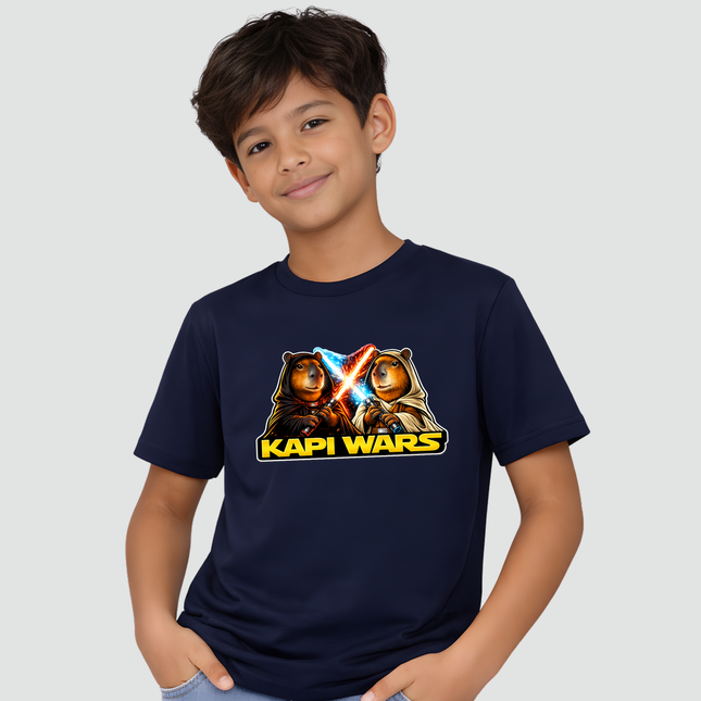 menino usando camiseta infantil capivara kapi wars duelo da forca azul marinho