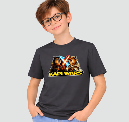 criança usando camiseta capivara estampa batalha star wars cinza