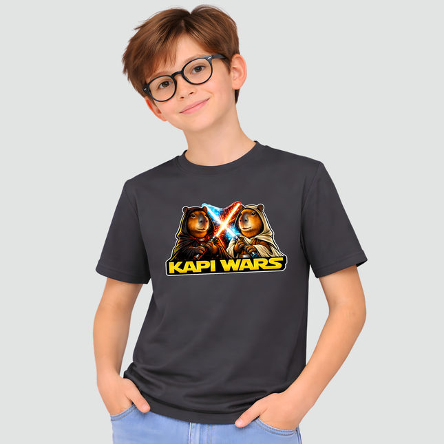 criança usando camiseta capivara estampa batalha star wars cinza
