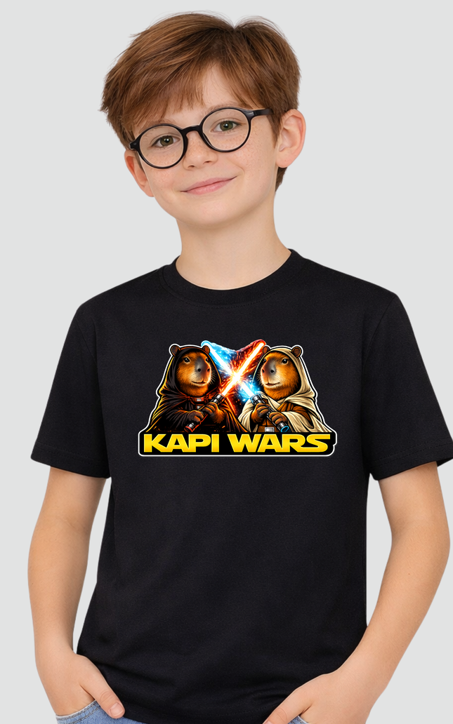 menino usando camiseta infantil capivara kapi wars duelo da forca preta
