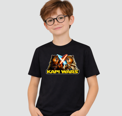 menino usando camiseta infantil capivara kapi wars duelo da forca preta