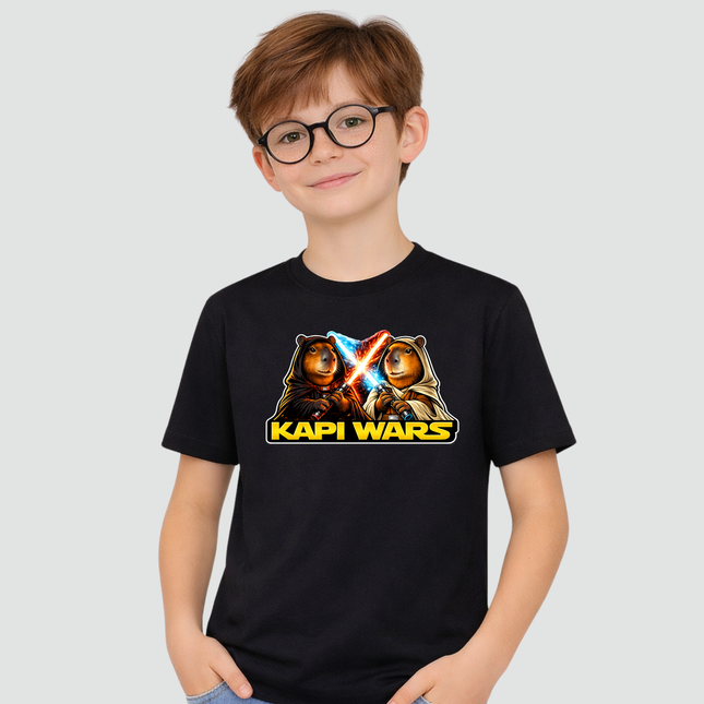menino usando camiseta infantil capivara kapi wars duelo da forca preta