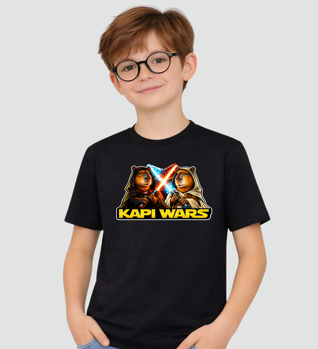 menino usando camiseta infantil capivara kapi wars duelo da forca preta