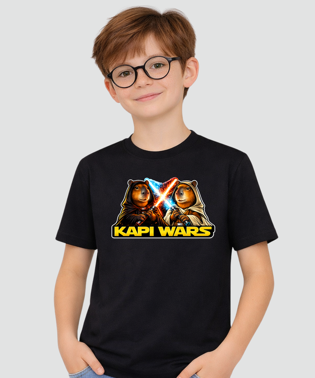 menino usando camiseta infantil capivara kapi wars duelo da forca preta