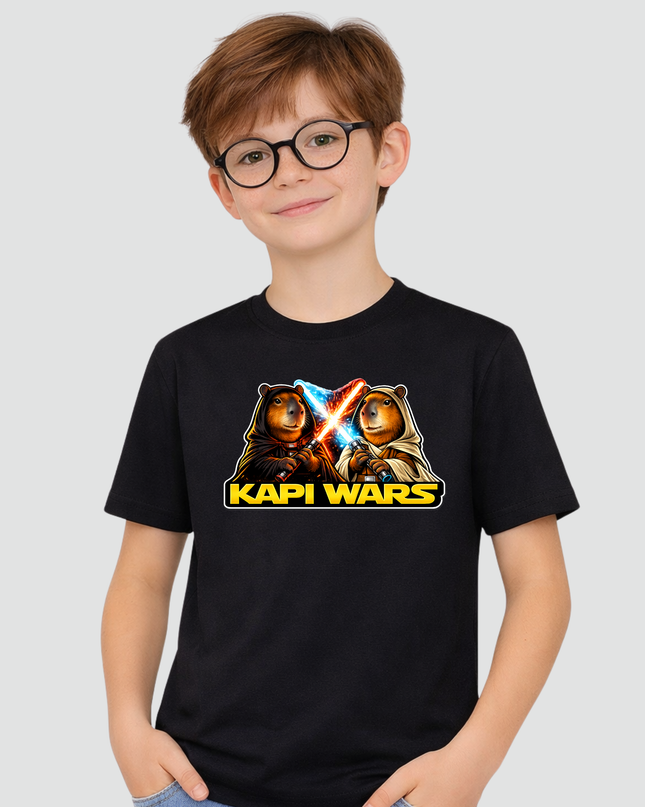 menino usando camiseta infantil capivara kapi wars duelo da forca preta