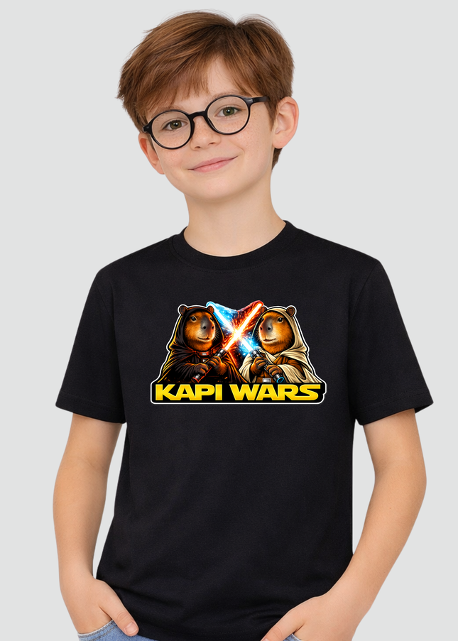 menino usando camiseta infantil capivara kapi wars duelo da forca preta