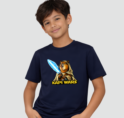 menino usando camiseta infantil capivara kapi wars lado da luz azul marinho