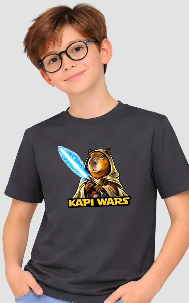 menino usando camiseta capivara espada de luz azul 