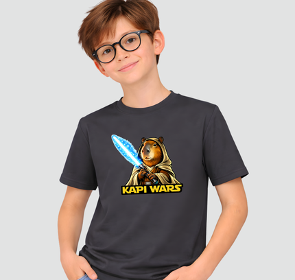 menino usando camiseta capivara espada de luz azul 