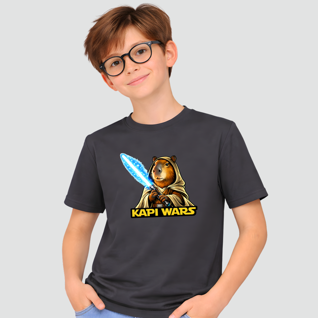 menino usando camiseta capivara espada de luz azul 