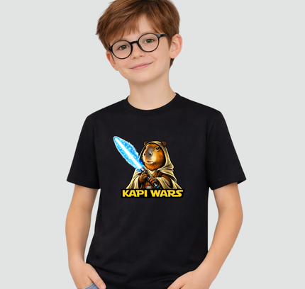 menino usando camiseta infantil capivara kapi wars lado da luz preta