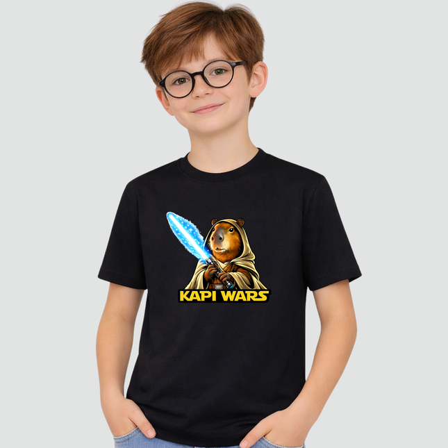menino usando camiseta infantil capivara kapi wars lado da luz preta