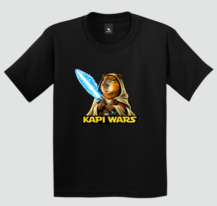 camiseta infantil capivara kapi wars lado da luz preta estampa heroi