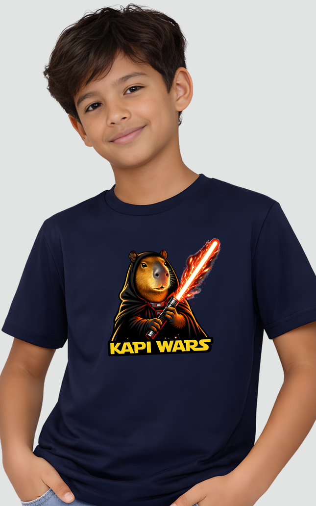 menino usando camiseta infantil capivara kapi wars lado sombrio azul marinho