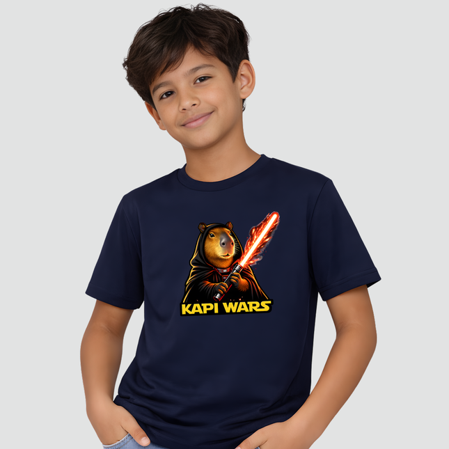 menino usando camiseta infantil capivara kapi wars lado sombrio azul marinho