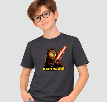 criança usando camiseta capivara espada vermelha cinza