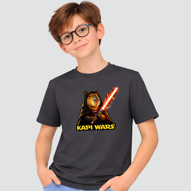 criança usando camiseta capivara espada vermelha cinza