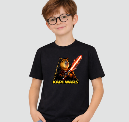 menino usando camiseta infantil capivara kapi wars lado sombrio preta