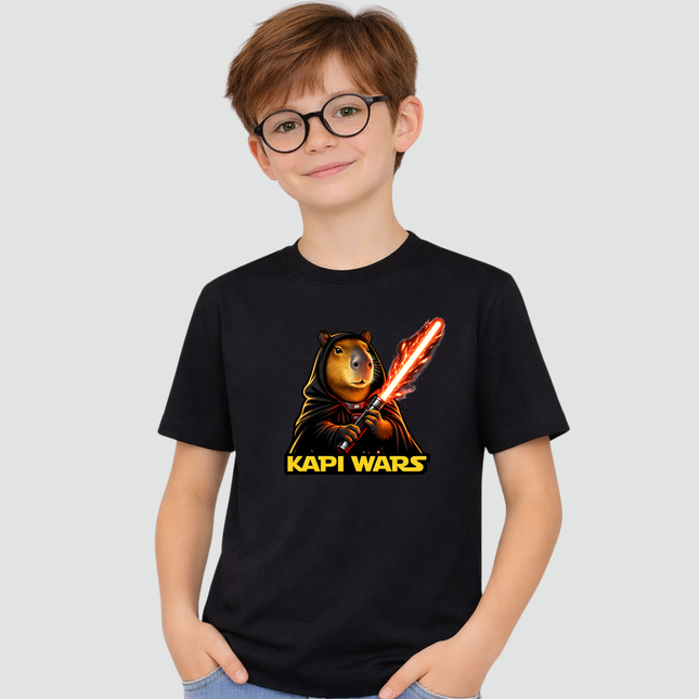 menino usando camiseta infantil capivara kapi wars lado sombrio preta