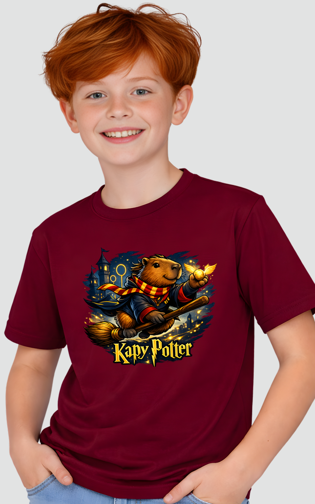 menino usando camiseta infantil capivara harry potter fantasia bordô