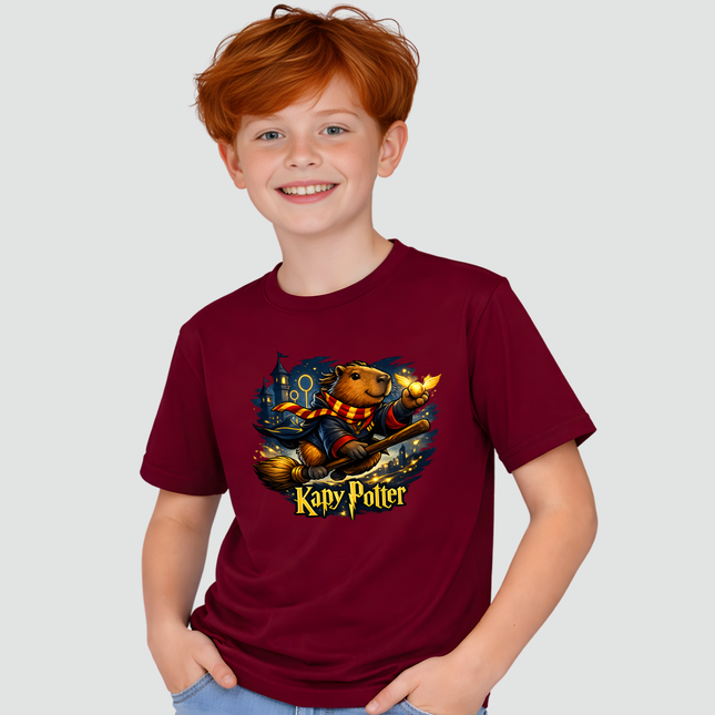 menino usando camiseta infantil capivara harry potter fantasia bordô
