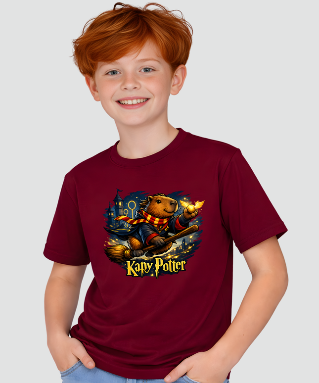 menino usando camiseta infantil capivara harry potter fantasia bordô
