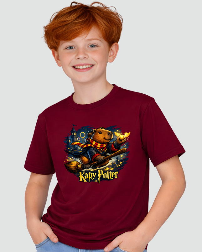 menino usando camiseta infantil capivara harry potter fantasia bordô