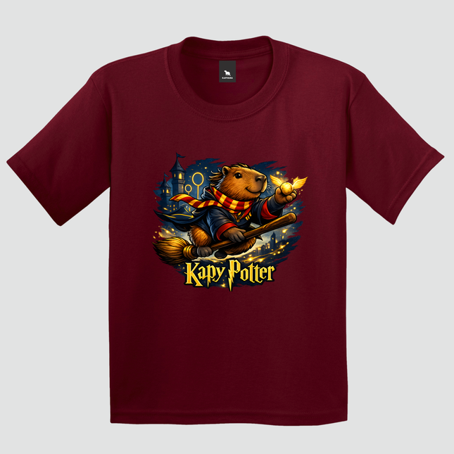 camiseta infantil vermelha capivara quadribol harry potter estampa ação