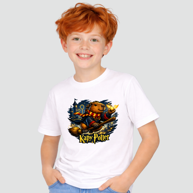 criança usando camiseta capivara harry potter quadribol branca