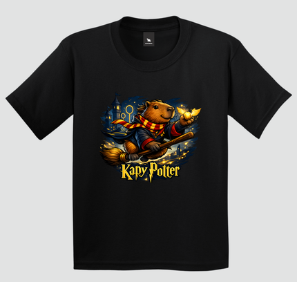 camiseta infantil kapy potter quadribol preta estampa capivara voando