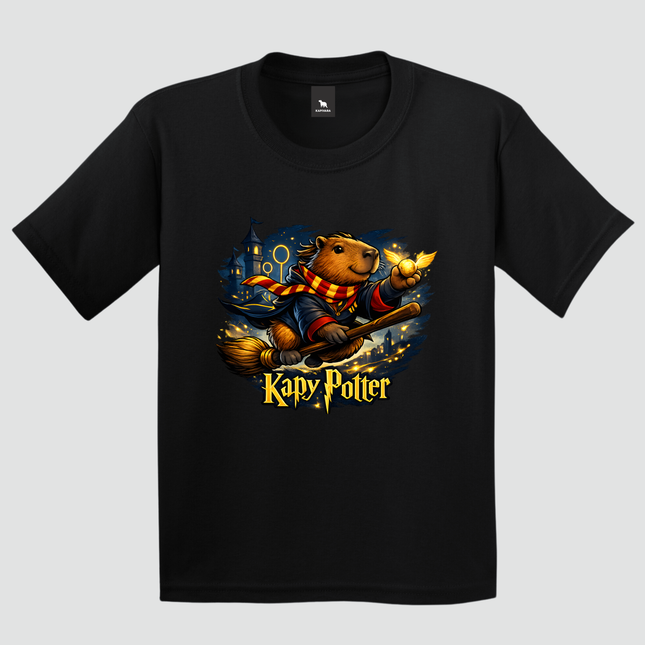 camiseta infantil kapy potter quadribol preta estampa capivara voando