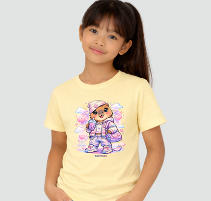 menina usando camiseta infantil amarela capivara kawaii moda infantil fofa