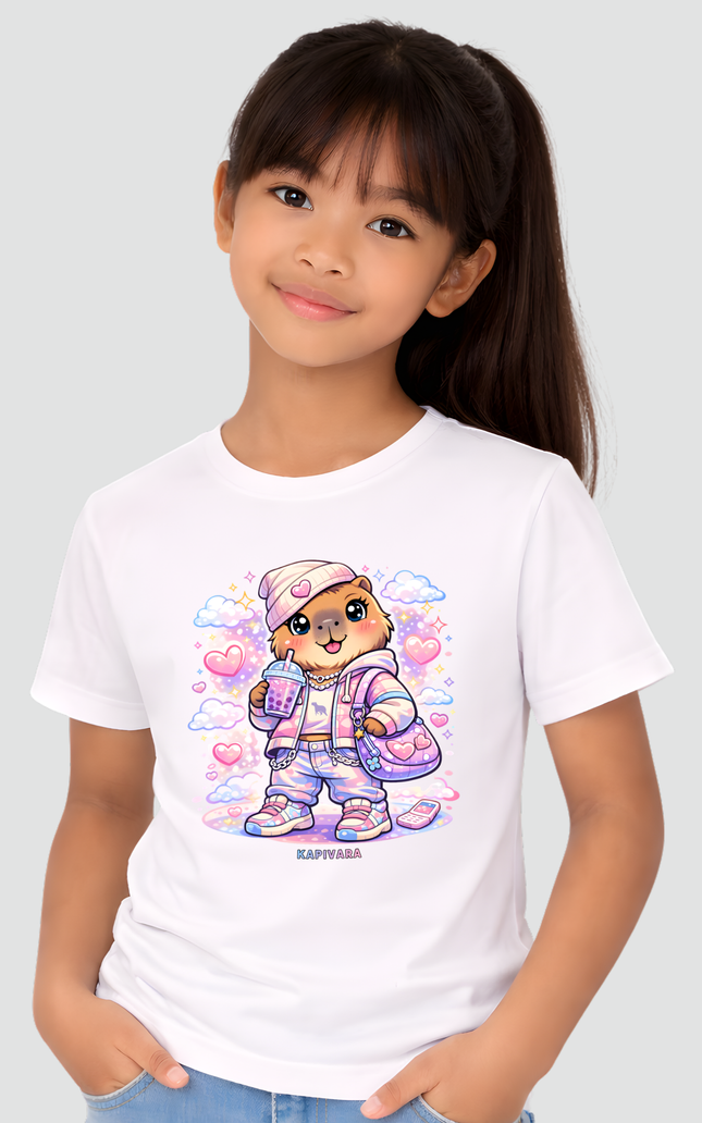 menina usando camiseta infantil branca capivara kawaii estilo fofo moderna