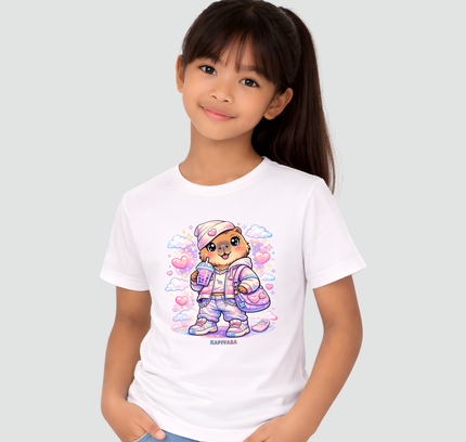menina usando camiseta infantil branca capivara kawaii estilo fofo moderna