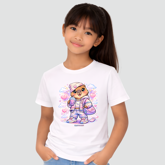 menina usando camiseta infantil branca capivara kawaii estilo fofo moderna