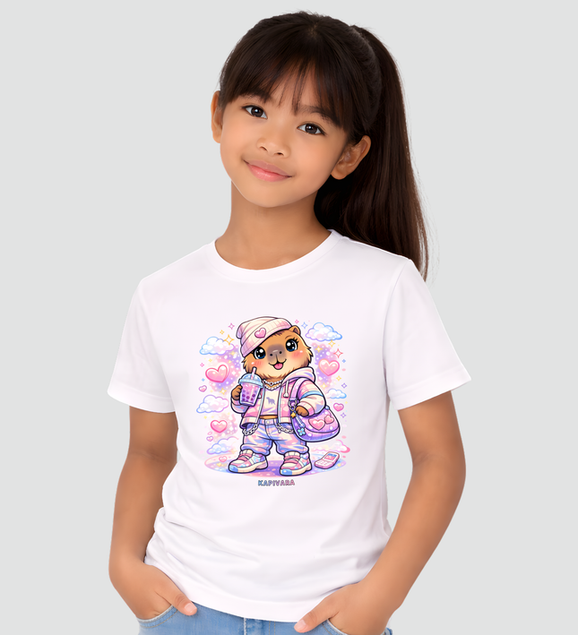 menina usando camiseta infantil branca capivara kawaii estilo fofo moderna
