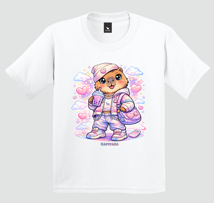 camiseta infantil branca capivara kawaii 