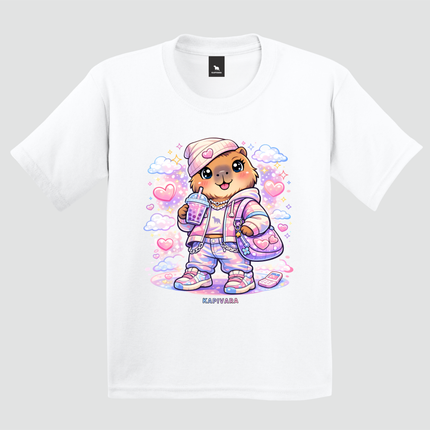 camiseta infantil branca capivara kawaii 