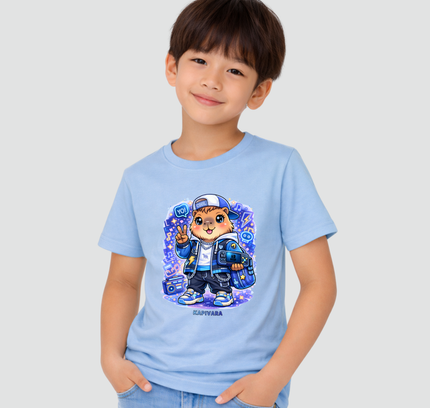 menino usando camiseta infantil capivara kawaii gamer azul claro