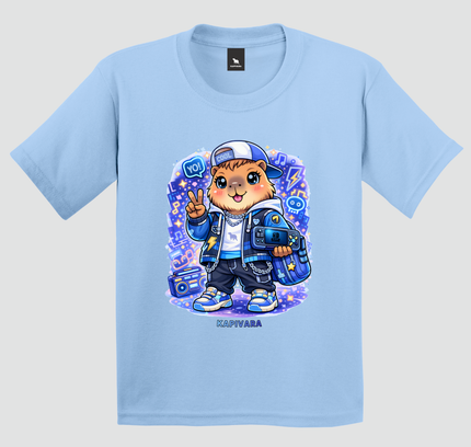 camiseta capivara kawaii infantil azul claro estampa colorida