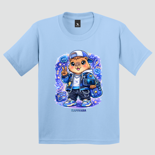 camiseta capivara kawaii infantil azul claro estampa colorida
