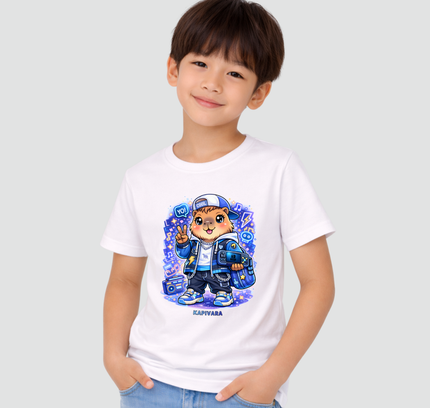 menino usando camiseta infantil capivara kawaii gamer branca
