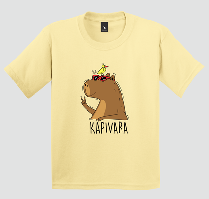 camiseta capivara infantil amarela paz e amor estampa divertida