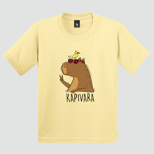 camiseta capivara infantil amarela paz e amor estampa divertida