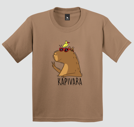 camiseta infantil capivara paz e amor marrom estampa minimalista