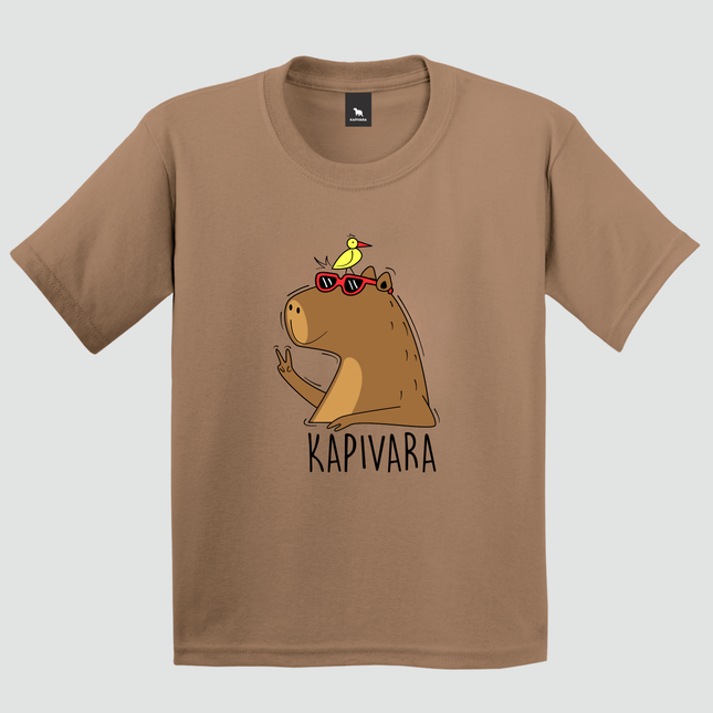 camiseta infantil capivara paz e amor marrom estampa minimalista