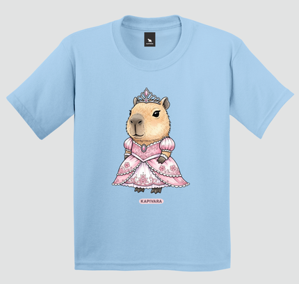 Camiseta infantil azul com estampa de capivara princesa