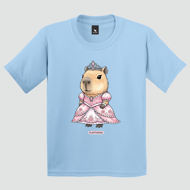 Camiseta infantil azul com estampa de capivara princesa