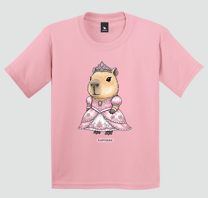 Camiseta infantil rosa com estampa de capivara princesa